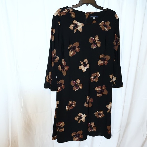 VTG Tommy Hilfiger Midi Dress Sz 16 3/4 Bell Sleeves Brown Floral Hidden Zipper - Picture 1 of 13